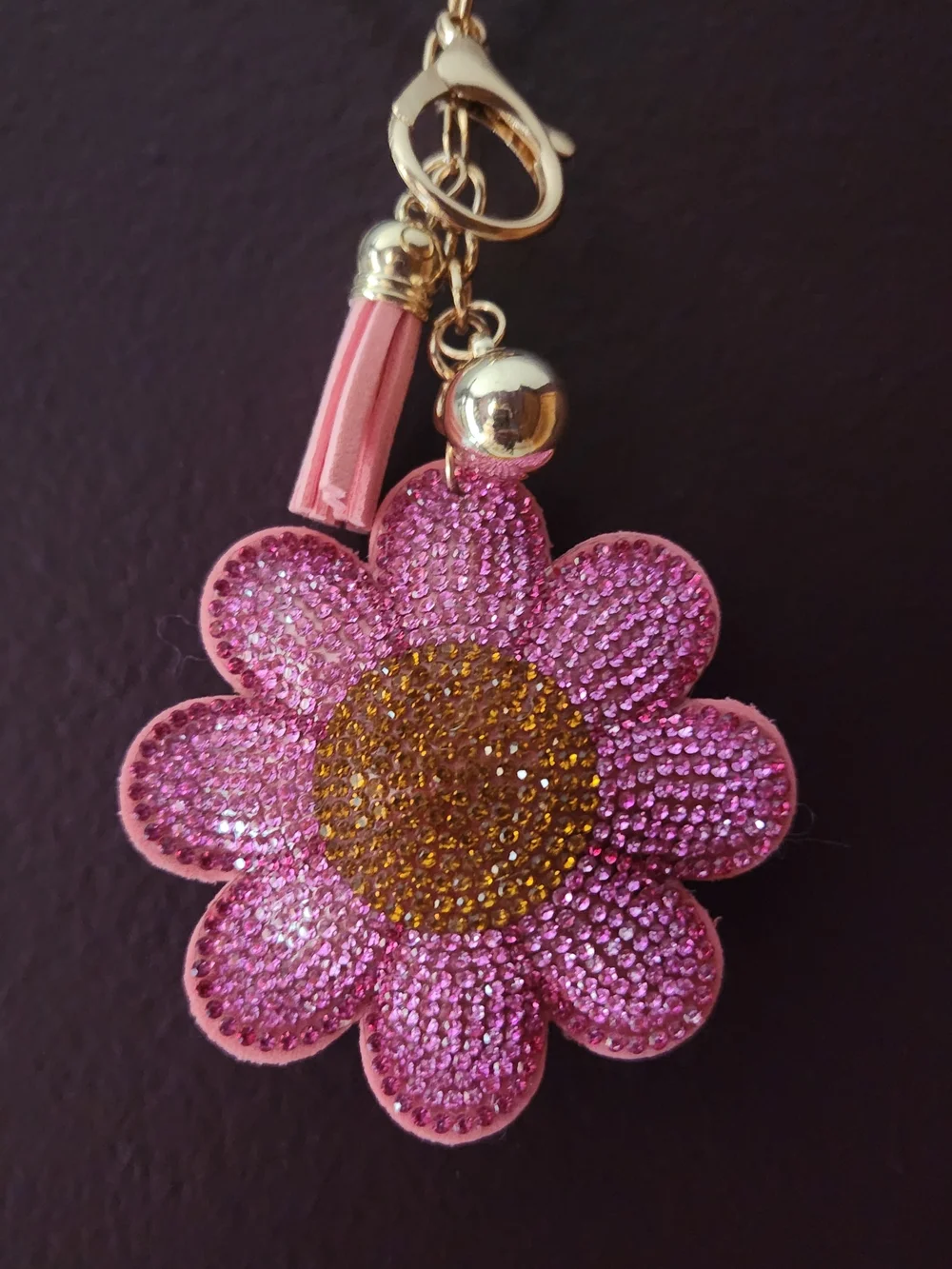 Pink Flower Crystal Tassel Keychain Charm with Gold Accent